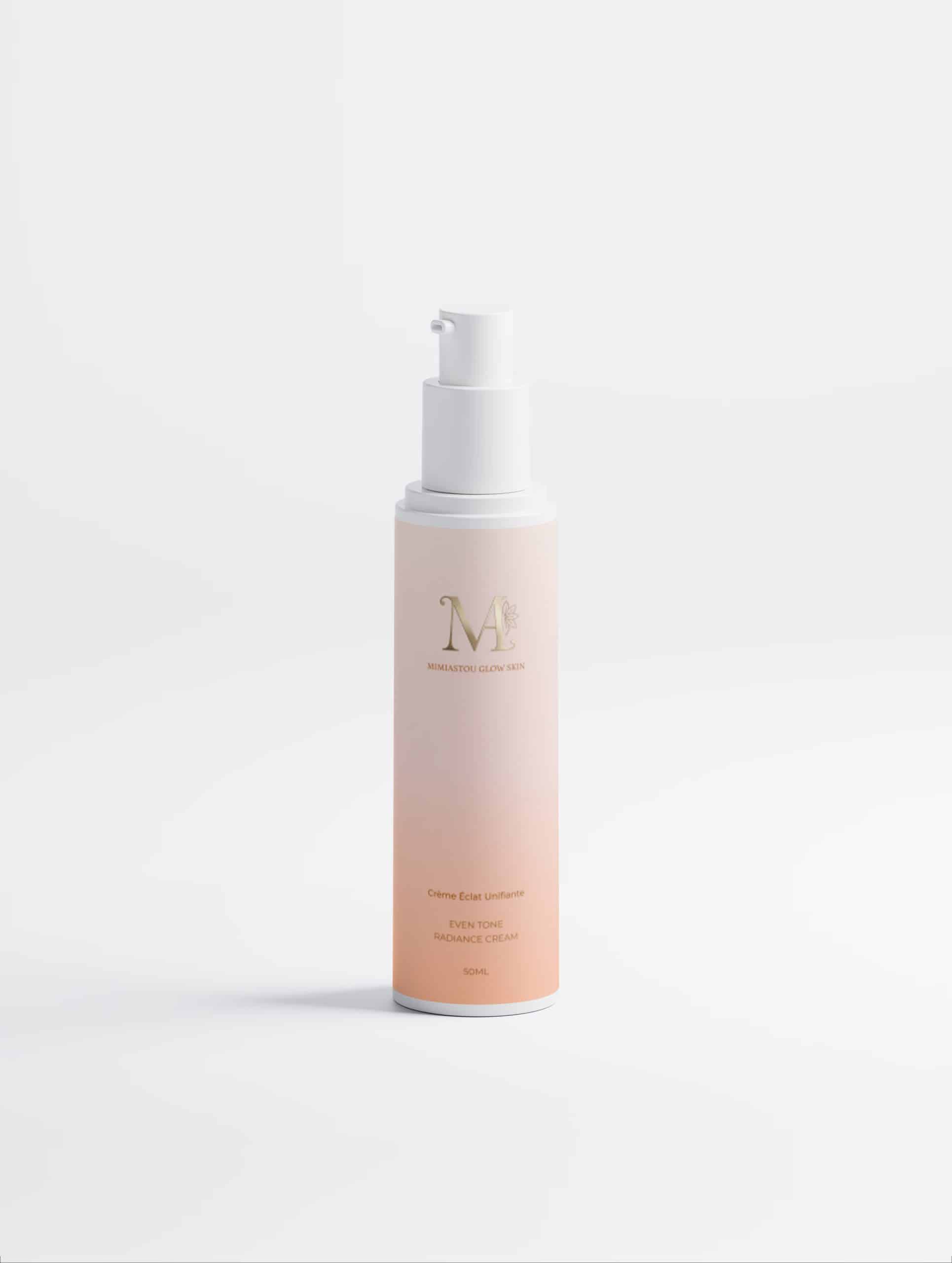 Flacon pompe de la Crème Éclat Unifiante Mimiastou-Glow-Skin 50ml sur fond blanc pour unifier le teint