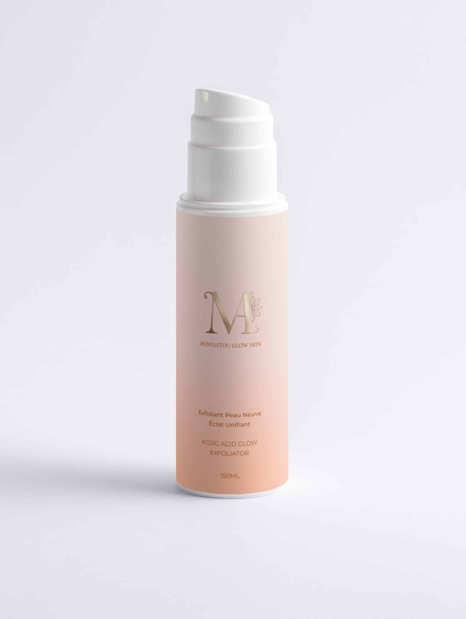 Flacon de l'Exfoliant Peau Neuve Éclat Unifiant Mimiastou-Glow-Skin sur fond blanc pour le visage et le corps