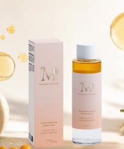 Flacon et étui de l'Huile Démaquillante Douceur Éclat Mimiastou-Glow-Skin à base d'aloe vera, camomille, argousier, framboise et acide hyaluronique.